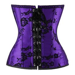 Sexy Purple Satin Floral Lace Strapless Overbust Corset M4221