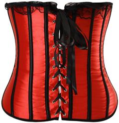 Sexy Red Satin Strapless Lace Trim Plastic Bone Lace-up Bustier Overbust Corset M4315