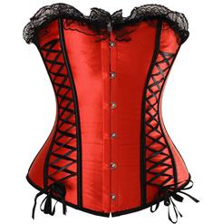 Sexy Red Satin Strapless Lace Trim Plastic Bone Lace-up Bustier Overbust Corset M4315