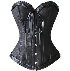 Strapless Black Burlesque Corset, Black Brocade Burlesque Corset with Ruffle Trim, Black Corset, #M6530