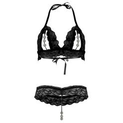 Flirty Black Floral Lace Halter Open Bras and Panty Lingerie Set MS5004