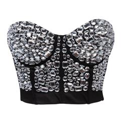 Silver Studded Gem B Cup Black Bustier Bra, B Cup Bustier Bra, Cheap Black and Silver Studded Gem Bustier Bra, #N10059