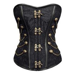 Vintage Black Steel Bone Jacquard Weave Fabric Overbust Corset N10069