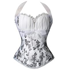 Classical White Brocade Flowers Sweetheart Halter Neck Overbust Corset N10145