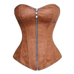 Fashion Punk Style Brown PU Zipper Overbust Corset N10325