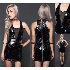 Fashion Black Bright Vinyl Zipper Back Sleeveless Mini Dress N10338