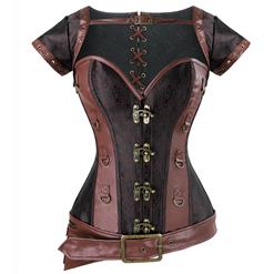 Light-Brown Faux Leather and Brocade Corset, Jacket & Belt D-Ring Corset, Steampunk Corset with Detachable Belt and Jacket, #N10345