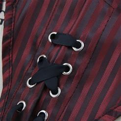 Steampunk Red Brocade Stripe Lace Trim Zipper Overbust Corset N10418