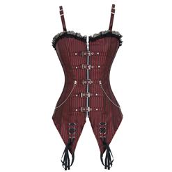 Steampunk Overbust Corset, Sexy Red Brocade Outerwear Corset, Gothic Stripe Corset, Women's Zipper Corset, Cheap Bodyshaper Corset, #N10418