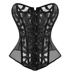 Sexy Black Elastic Net Hollow Out Flowers Design Busk Closure Bustier Corset N10461