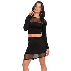 Fashion Women's Dress, Sexy Black Clubwear Dress, Party Skirt Set, Cheap Mesh Long Sleeves Skirt Set, #N10470