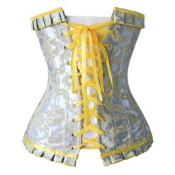 Fashion Silver and Yellow Jacquard Ruffles Busk Closure Overbust Corset N10490