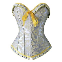 Fashion Silver and Yellow Jacquard Ruffles Busk Closure Overbust Corset N10490