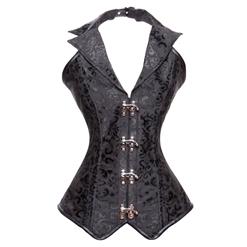 Vintage Black Jacquard Outerwear Corset, Women's Halter V-neck Corset, Fashion Black Steel Boned Corset, Cheap Busk Closure Corset, #N10556