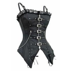 Steampunk Black Straps Satin Stripe Lace Trim Zipper Overbust Corset N10560