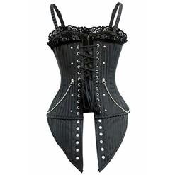 Steampunk Black Straps Satin Stripe Lace Trim Zipper Overbust Corset N10560