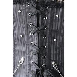 Steampunk Black Straps Satin Stripe Lace Trim Zipper Overbust Corset N10560