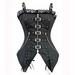 Steampunk Black Straps Satin Stripe Lace Trim Zipper Overbust Corset N10560