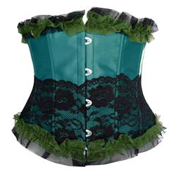 Fashion Dark-Green Underbust Corset, Cheap Women's Waist Cincher Corset, Artificial Silk Underbust Corset, Lace Ruffles Corset, #N10572