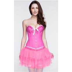 Fashion Pink Organdy Ruffles Busk Closure Overbust Corset N10575