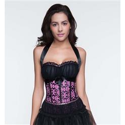 Fashion Women's Outerwear Corset, Pink and Black Overbust Corset, Halter Neck Corset, Hot Sale Halloween Corset, #N10577