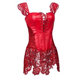 Steampunk Sexy Red Faux Leather Long Lace Embellished Corset with Lace Skirt N10615