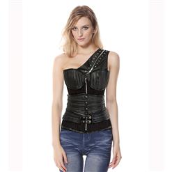 Steampunk Steel Boned Black Faux Leather One-shoulder Zipper Overbust Corset With A Little Defect N10616
