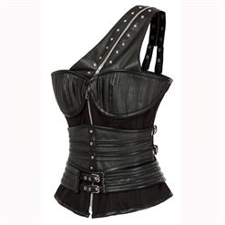 Steampunk Steel Boned Black Faux Leather One-shoulder Zipper Overbust Corset With A Little Defect N10616