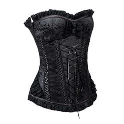 Fashion Steel Boned Black Jacquard Lace Trim Overbust Corset N10637