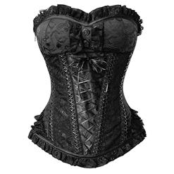 Fashion Steel Boned Black Jacquard Lace Trim Overbust Corset N10637