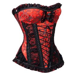 Fashion Steel Boned Red Jacquard Lace Trim Overbust Corset N10638