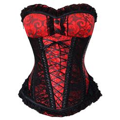 Fashion Steel Boned Red Jacquard Lace Trim Overbust Corset N10638