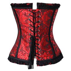 Fashion Steel Boned Red Jacquard Lace Trim Overbust Corset N10638