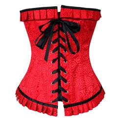 Fashion Red Brocade Ruffles Busk Closure Overbust Corset N10653