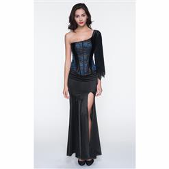 Classical Black and Blue Satin One-shoulder Lace Trim Corset N10787