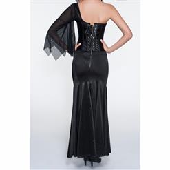 Classical Black and Blue Satin One-shoulder Lace Trim Corset N10787