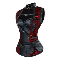 Steampunk Black and Red Steel Boned Skulls Print High Neck Corset with Jacket N10804