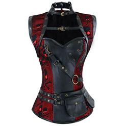 Steampunk Black and Red Steel Boned Skulls Print High Neck Corset with Jacket N10804