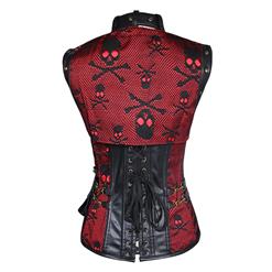 Steampunk Black and Red Steel Boned Skulls Print High Neck Corset with Jacket N10804