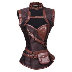 Steampunk Brown Steel Boned High Neck Jacquard Corset with Jacket N10846