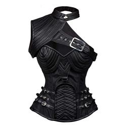 Steampunk Black Steel Boned One-shoulder Leather Spiral Pattern Corset N10872