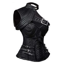Steampunk Black Steel Boned One-shoulder Leather Spiral Pattern Corset N10872