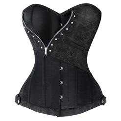 Punk Steel Boned Corset, Sexy Black Overbust Corset, Cheap Busk Closure Corset, Retro Brocade Corset with Zip, Plus Size Corset, Steampunk, #N10873