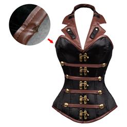Retro Sexy Black and Brown Halter Steel Boned Outerwear Corset With Little Defect N10874