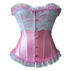 Fashion Pink and White Corset, Cheap Women's Busk Closure Corset, Artificial Silk Corset, Lace Ruffles Corset, #N10886