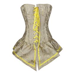 Retro Yellow Corset with Skirt, Women's Brocade Dress Corset, Halloween Party Corset, Lace-up Front Corset Dress, #N10893