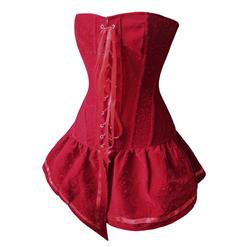 Retro Red Corset with Skirt, Women's Velvet Dress Corset, Halloween Party Corset, Lace-up Front Corset Dress, #N10894