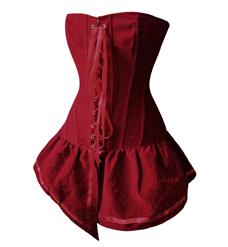 Retro Red Corset with Skirt, Women's Velvet Dress Corset, Halloween Party Corset, Lace-up Front Corset Dress, #N10894