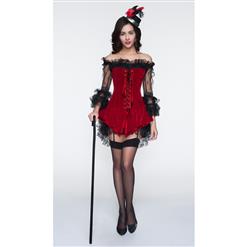 2pcs Red Velvet Lace-up Corset & Black Lace Dress N10897