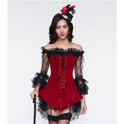 2pcs Red Velvet Lace-up Corset & Black Lace Dress N10897